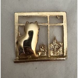 UltraCraft Gold & Pewter Cat Brooch Pin Cat Lover Jewelry‎ Cat in Window